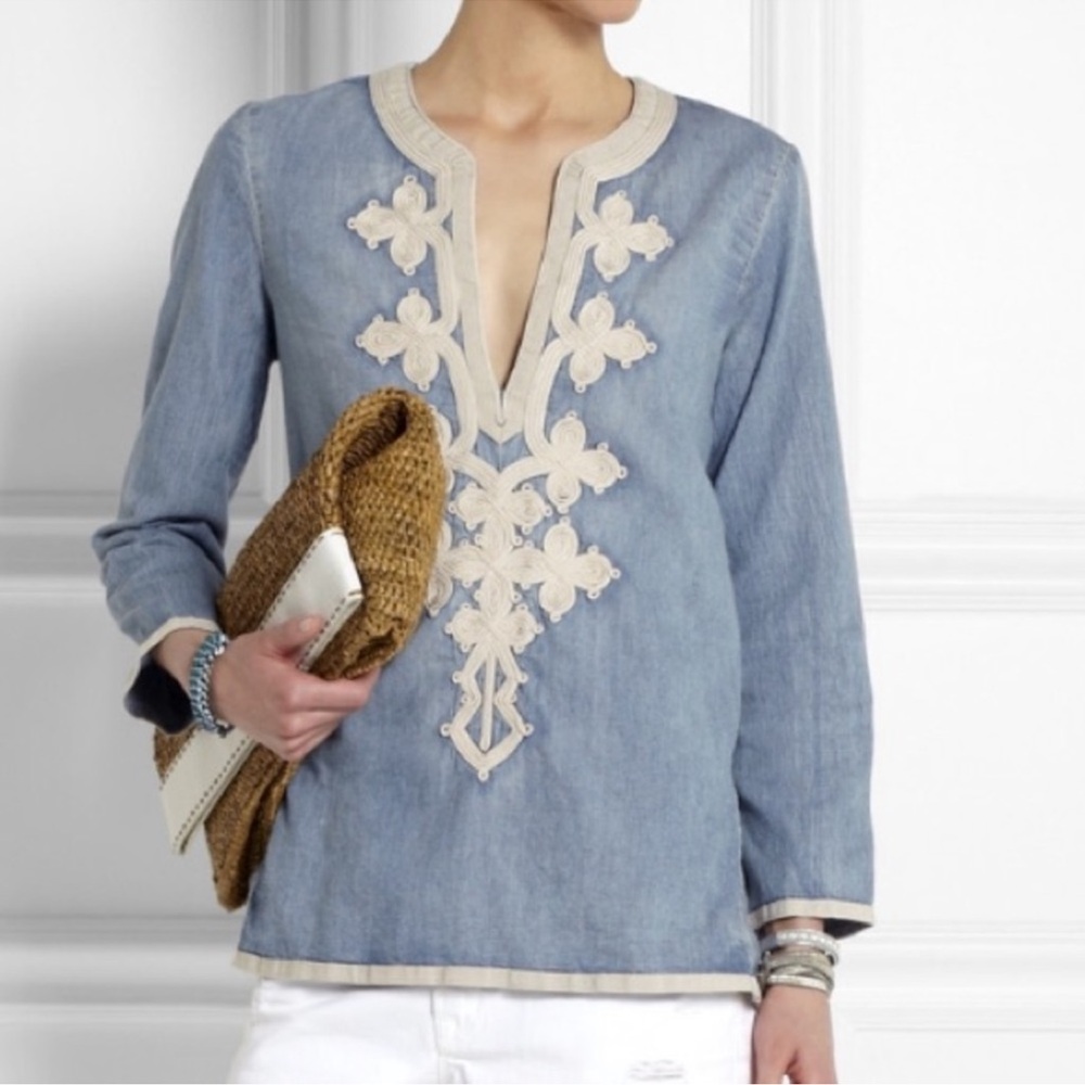 J Crew Top Women’s Size 4 Blue‎ Embroidered Denim Chambray Boho Festival